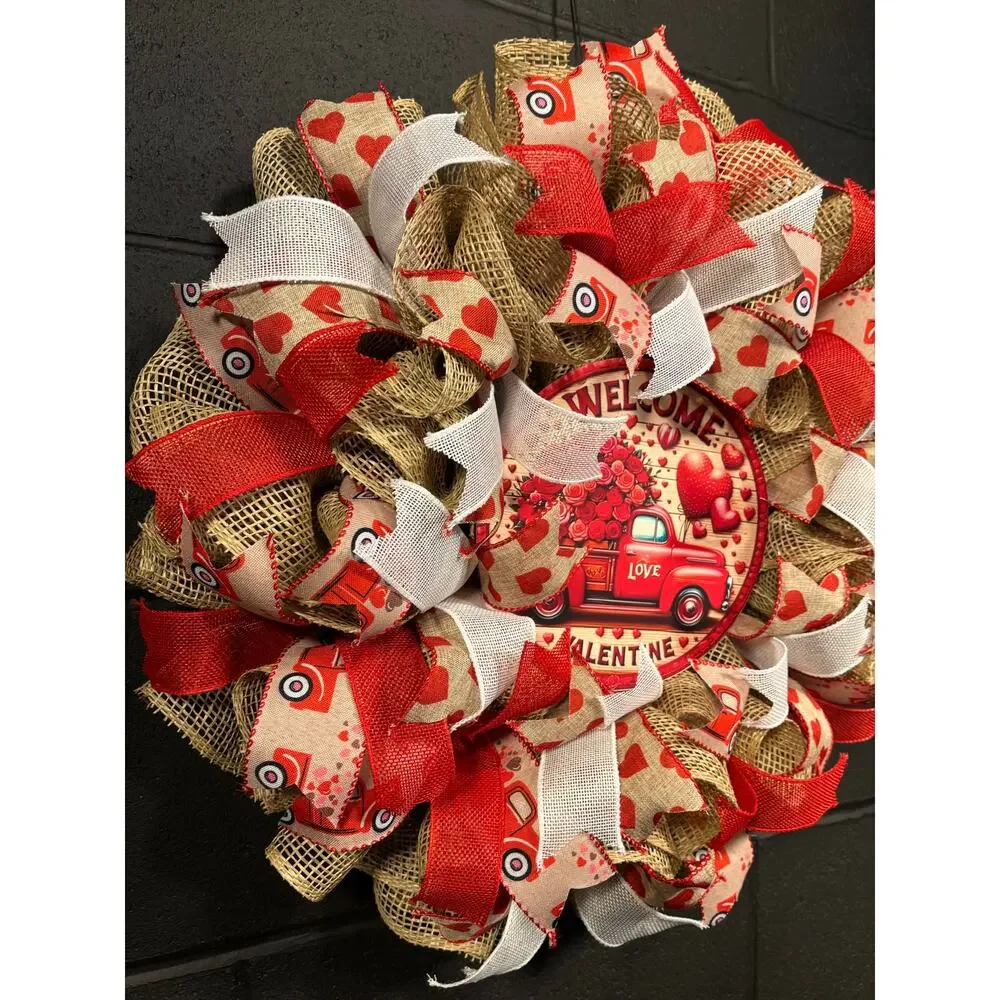 Valentines Day Wreath, Rustic, Farmhouse, Red Truck, Handmade 22 In Burlap